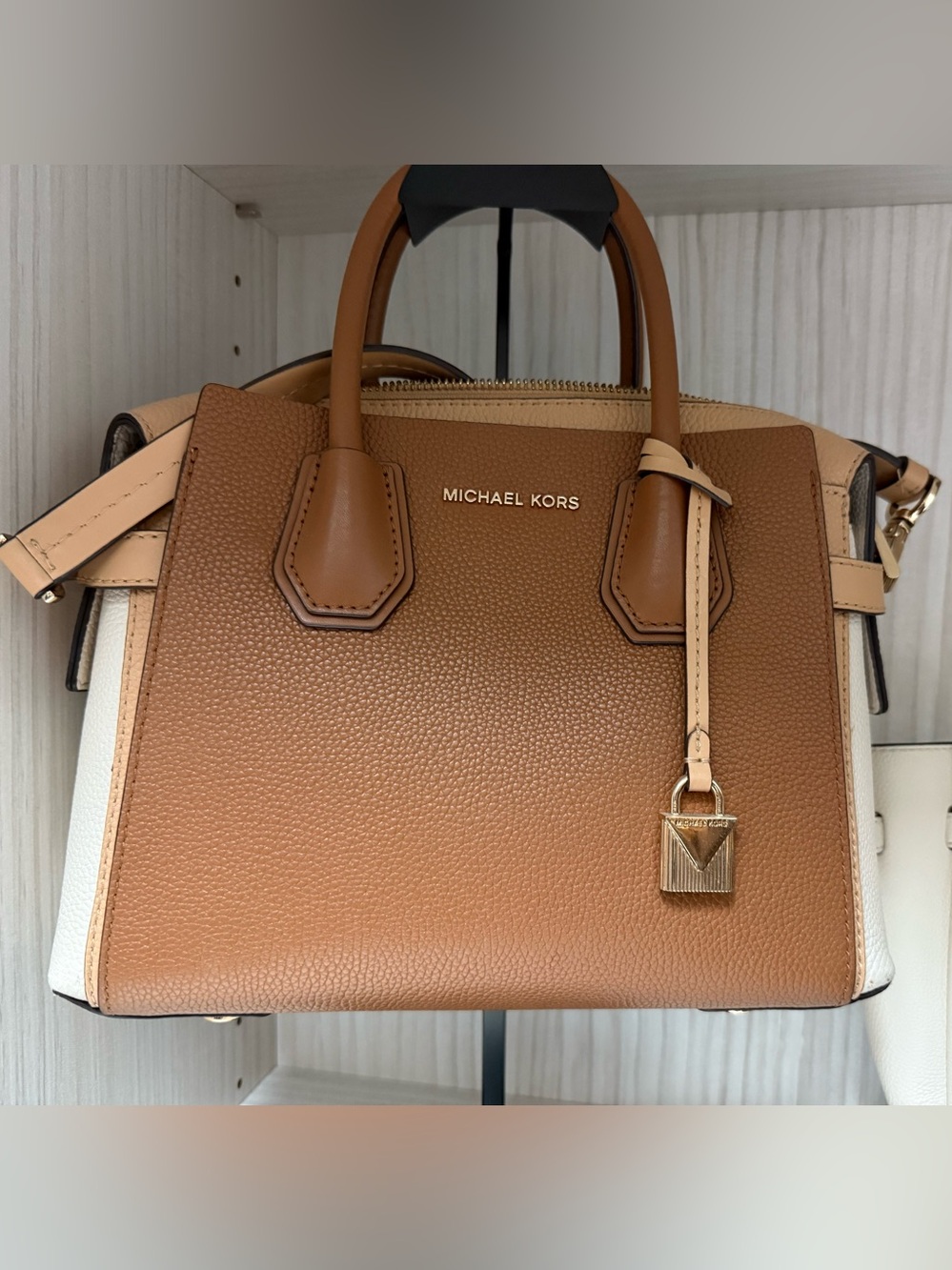 Michael Kors Mercer Colorblock Pebbled Leather Satchel – Brown/Cream